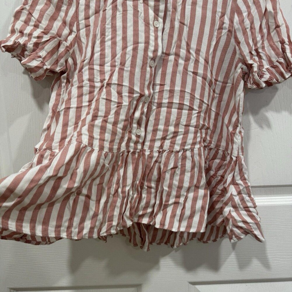 Madewell Studio Ruffle-Hem Top in Cecilia Stripe‎ Size Xs Peplum Buttons Viscose - Picture 3 of 9